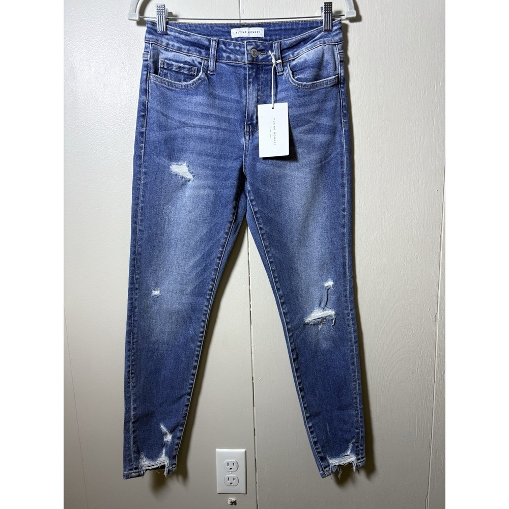 Flying Monkey Distressed Skinny Jeans Size 28 Raw Hem Y2K Indie Sleaze Denim - Picture 1 of 6